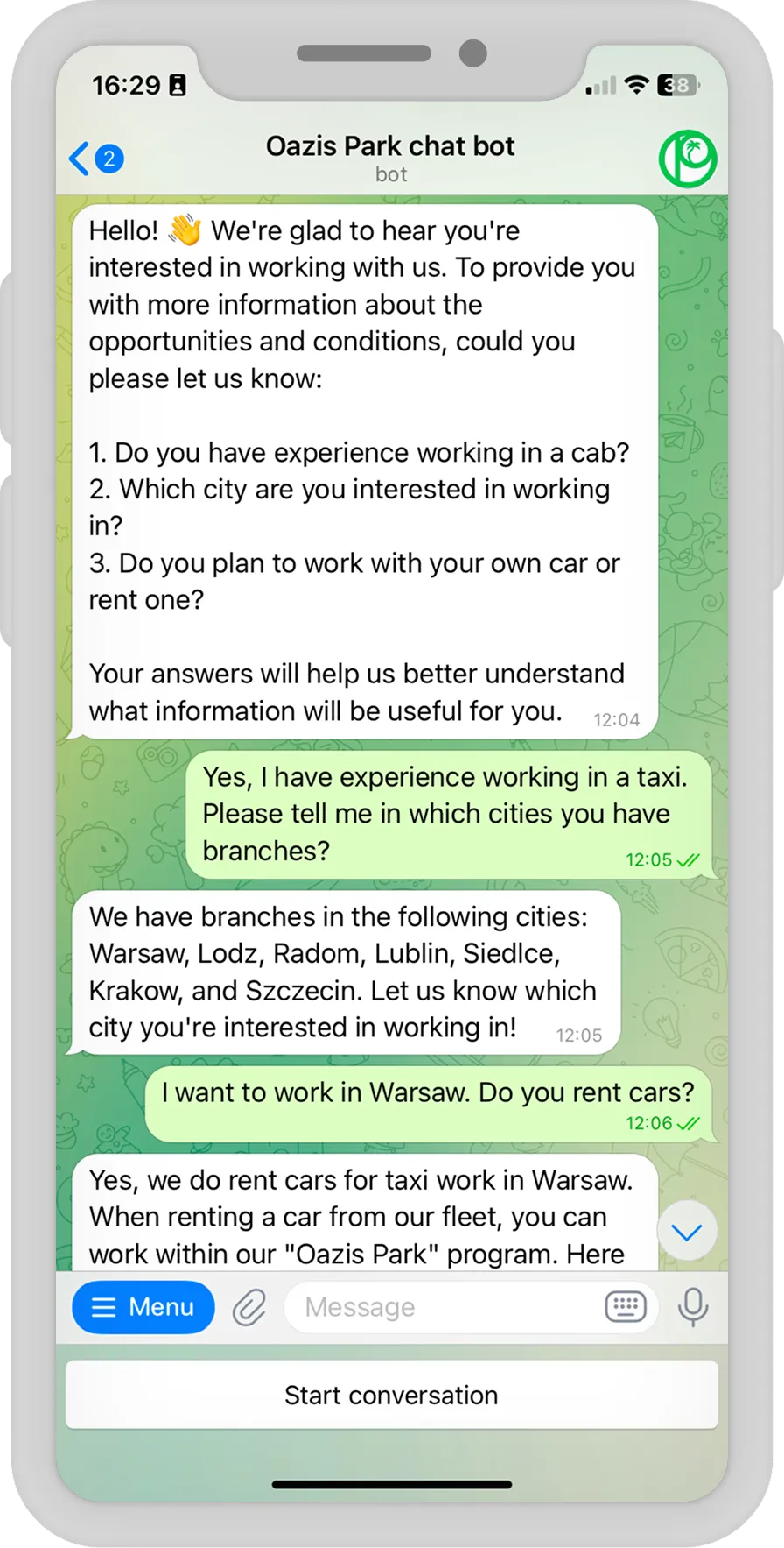 Chatbot rekrutacyjny AI 24/7 — Oazis Park — ekran 1
