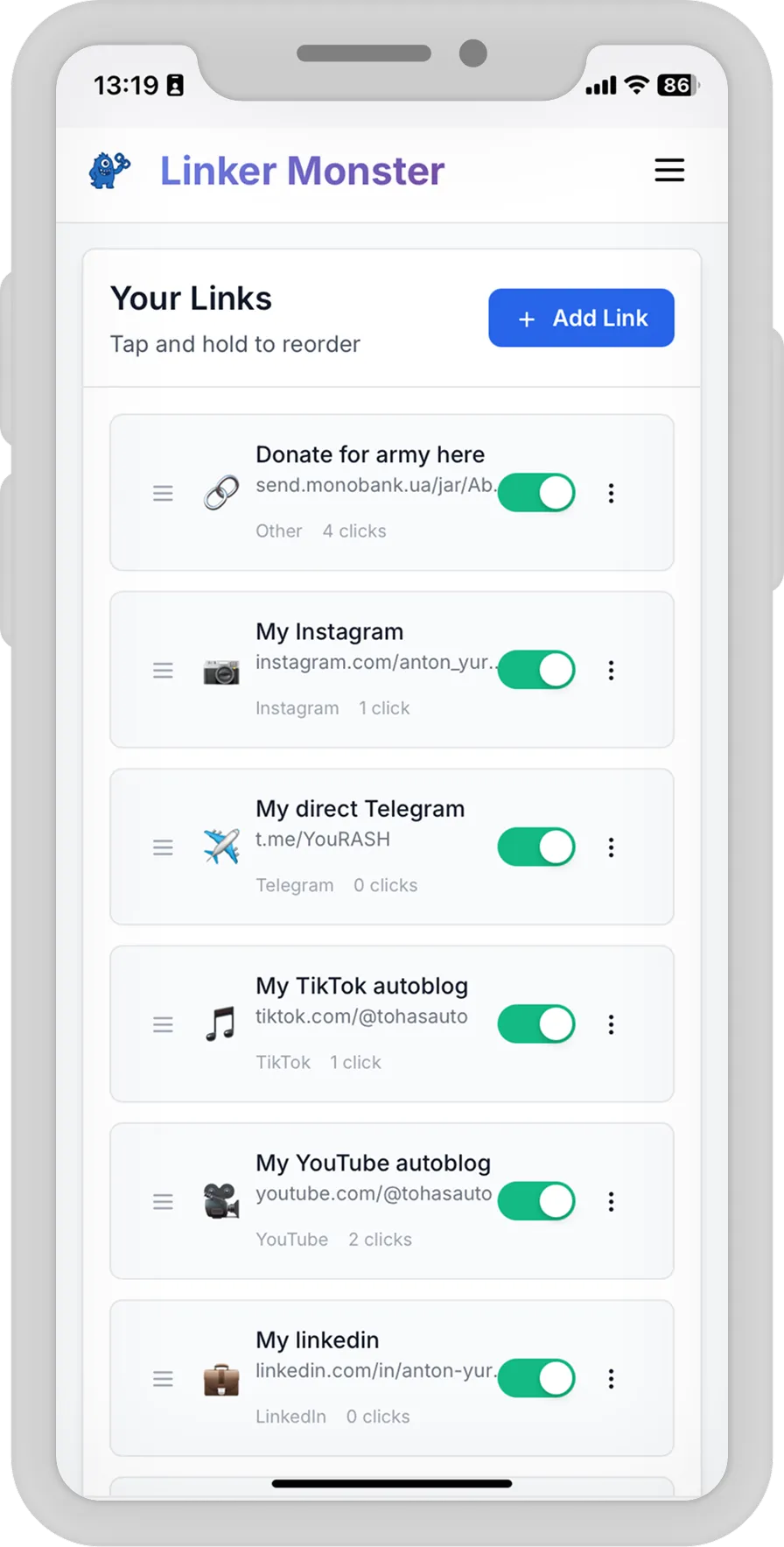Linker Monster — platforma do zarządzania linkami oparta na AI — ekran 1