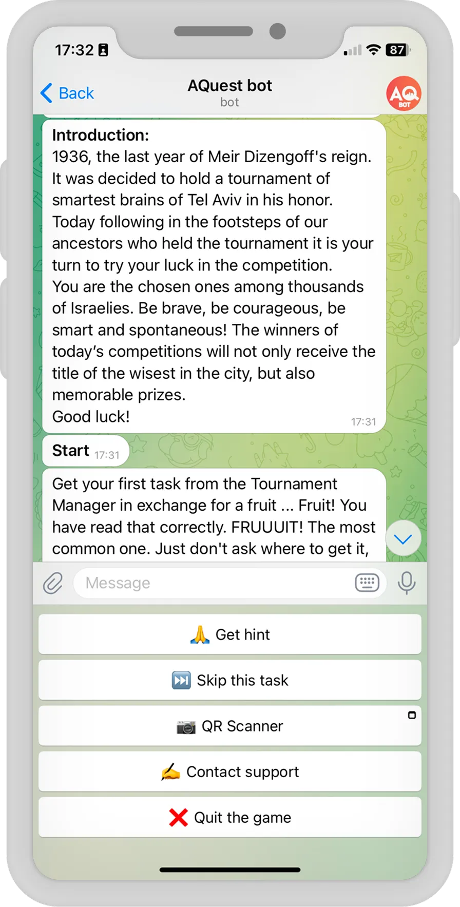 Chatbot City Quest dla Izraela — AQuest — ekran 1